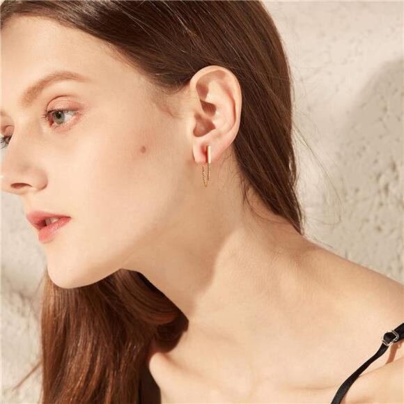 Sterling Silver Chain Earrings for Women - Gold-Plated Hypoallergenic Dangle Stu - Picture 5 of 7